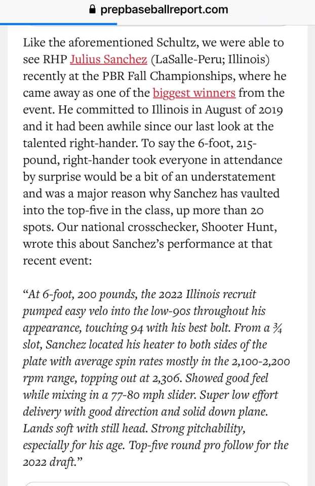A big shout-out to LP junior Julius Sanchez, a 2022 <a href="/IlliniBaseball/">Illinois Baseball</a> recruit, for his exceptional performance at the PBR Fall Championships! #LPshines #WeAreLP #GoingPlaces <a href="/LPCavaliers/">LP High School</a> @cavalier_lp <a href="/LPHS_Activities/">LP Athletics & Activities</a> <a href="/LP_Principal/">Ingrid Cushing</a> <a href="/KevinRChlum/">Kevin Chlum</a>