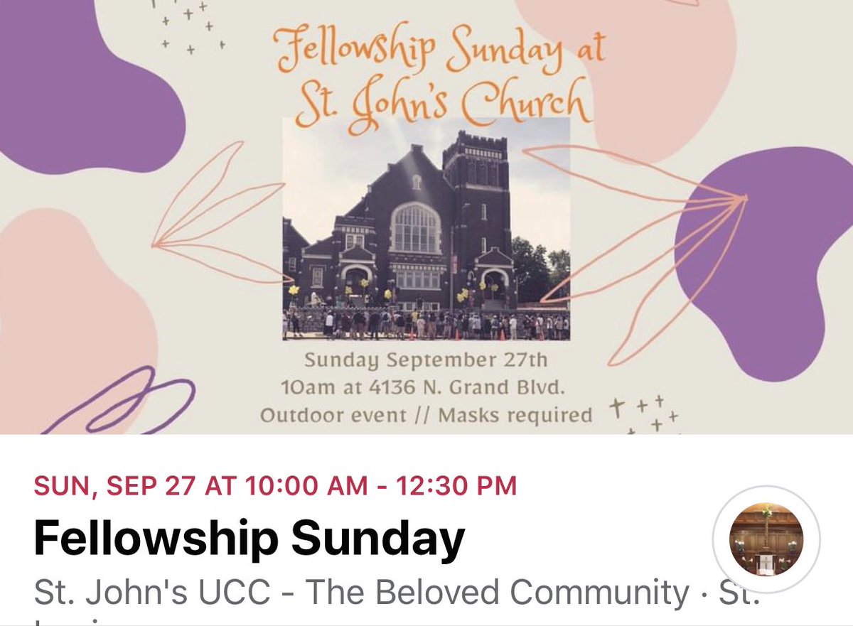 SJUCCstl's tweet photo. Join us in the garden area in front of the church building this Sunday for fellowship and worship, with a neighborhood canvas at 11am. 
This event is open to all, socially distanced. Masks are required and provided.

Contact info@sjuccstl.org https://t.co/7tbWpHsrFE