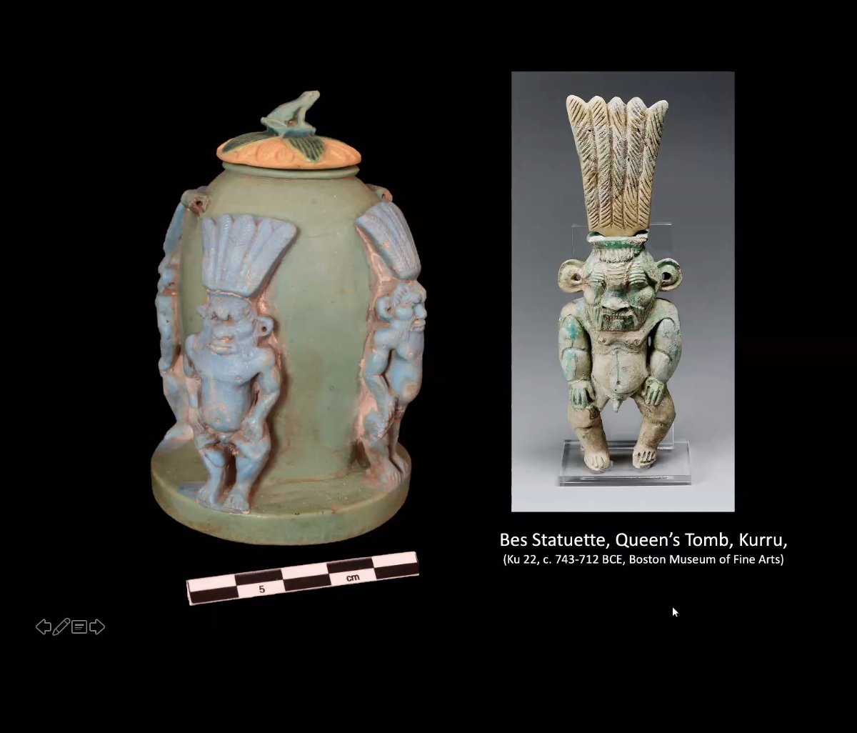 Check out this amazing Bes vase! Lotus and frog lid - locally produced faience (likely); Sudan had long history of faience. Sudanese Nubia as important power and producer of art