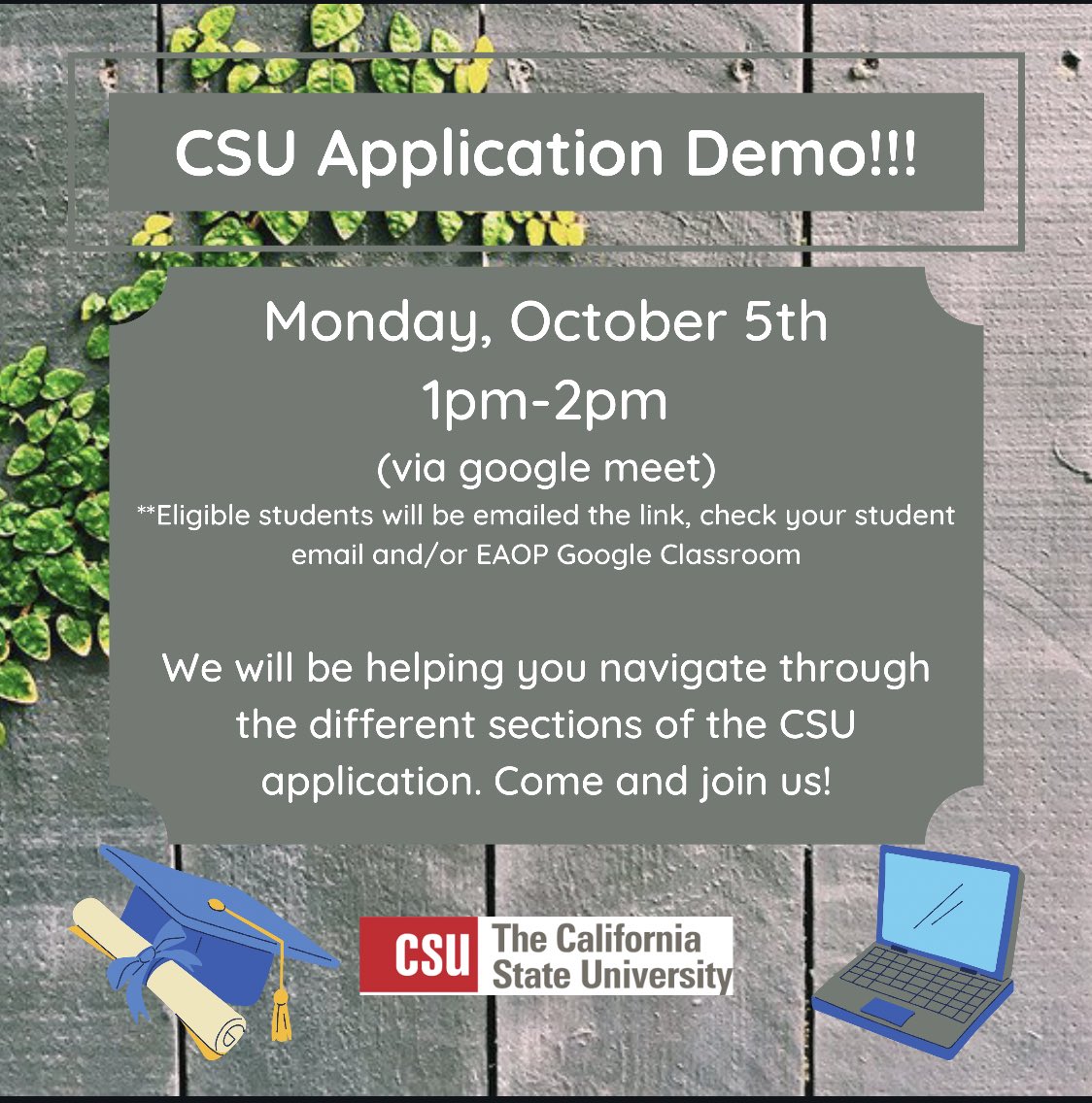 pv_eaop's tweet photo. ‼️Seniors‼️Keep an eye out for important emails regarding UC and CSU application demos. Both demos will go over the process of application and provide clarification for any questions you might have. Make sure you mark these dates and times in your calendar ! #pvnation https://t.co/6XUeqRpdNM