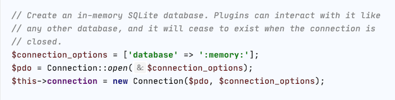 nmdmatt's tweet photo. I just found the best hidden secret in Drupal's testing codebase. This is used to make a memory-only SQLite connection in Migrate's Kernel tests.

It also means you can use a database connection in Unit tests. 

UnitTestCase: 18ms
KernelTestCase version: 30ms https://t.co/Xv0VOYzhEv