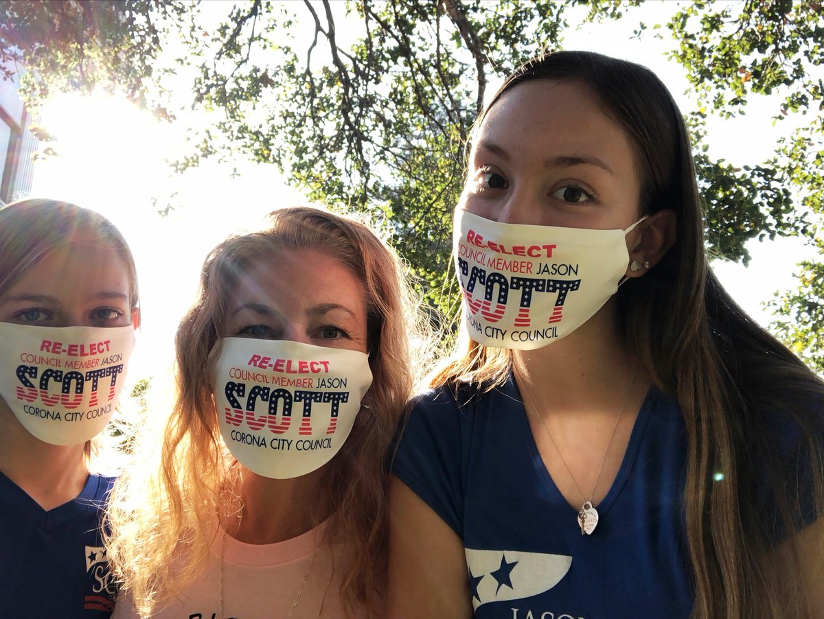 CMJasonScott's tweet image. I love my daughter Sharlynn and grandkids, Samantha and Jack.  It is heartwarming when they (and my son-in-law Jon) get custom masks made in their northern CA town to wear showing their support of my re-election to Corona City Council.  
Re-electJasonScott.com
#CMJasonScott
