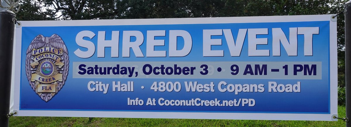CoconutCreekPD's tweet photo. Hopefully you are seeing the banners for our next #PaperShred Event. This one is on Lyons Rd near the intersection of Copans Rd. It is set for Saturday, October 3rd, from 9:00 a.m. to 1:00 p.m. It is for #MyCoconutCreek residents only & there is a 3-box limit. #WorkingTogether https://t.co/1BKeVh8z7x