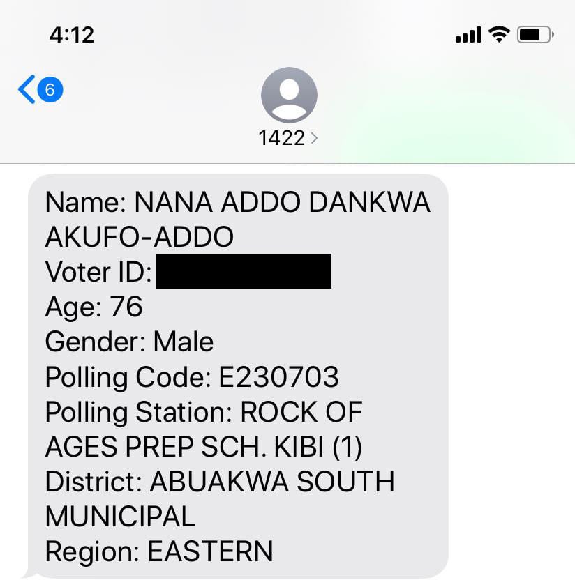 NAkufoAddo's tweet photo. In addition to going to your respective registration centres to verify your voter registration details, you can also send your voter ID card number, just as I have done, to short code 1422 on all networks, to confirm your voter ID details. https://t.co/ovcHZntb3B