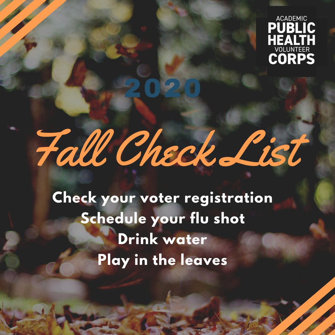 aphc_ma's tweet photo. Happy first day of fall! 🍂 Celebrate the new season and #NationalVoterRegistrationDay by following our checklist.

☑️Check your MA Voter registration: https://t.co/tQHOWC8ILs
✅Find out where to get #flushot : https://t.co/cJYAKXYatd
✅Drink Water
✅(Potentially) play in leaves https://t.co/XsKdYZqM1w