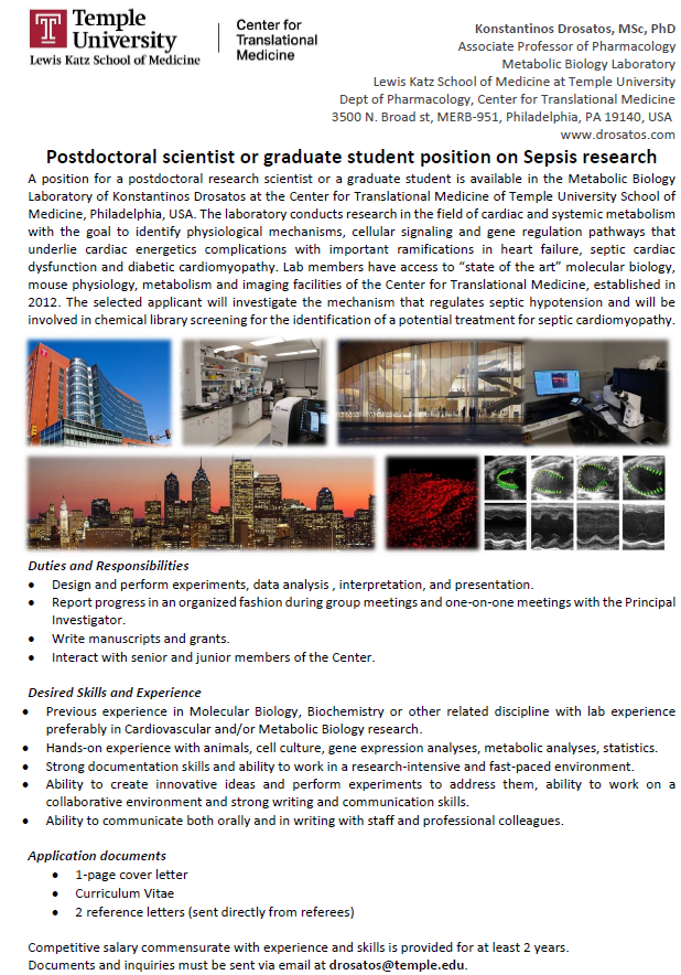 mayechat227's tweet photo. Postdoctoral scientist or graduate student position on Sepsis research in the Metabolic Biology Laboratory
of Konstantinos Drosatos
Lewis Katz School of Medicine at Temple University
Center for Translational Medicine
https://t.co/2iSTAzzxhc #DrosatosLab #temple https://t.co/r8RKbQSHD6