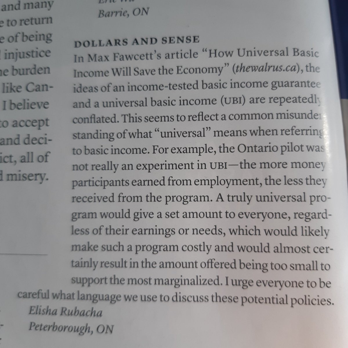 makingPTBO's tweet image. I wrote to @walrusmagazine awhile ago about @maxfawcett's #BasicIncome article that conflated a #UBI and a #BIG. Today I finally got my hands on the issue my letter is in...

Here is what they used versus what I wrote: