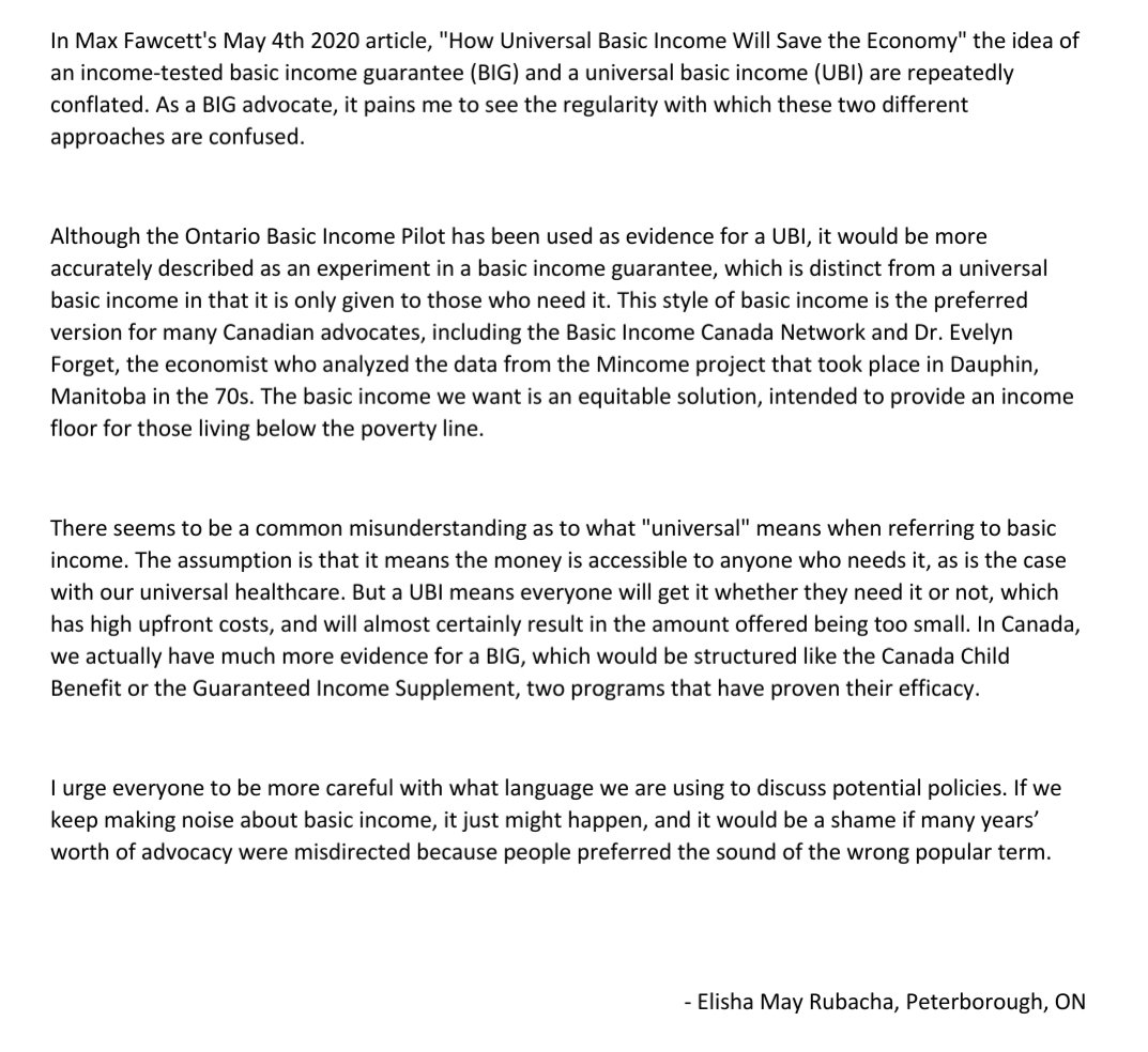 makingPTBO's tweet image. I wrote to @walrusmagazine awhile ago about @maxfawcett's #BasicIncome article that conflated a #UBI and a #BIG. Today I finally got my hands on the issue my letter is in...

Here is what they used versus what I wrote: