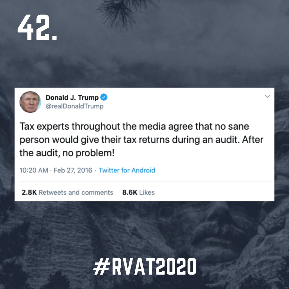 42. Trump is currently in court arguing against the release of said tax returns. What are you hiding,  @realDonaldTrump? All Americans deserve to know.