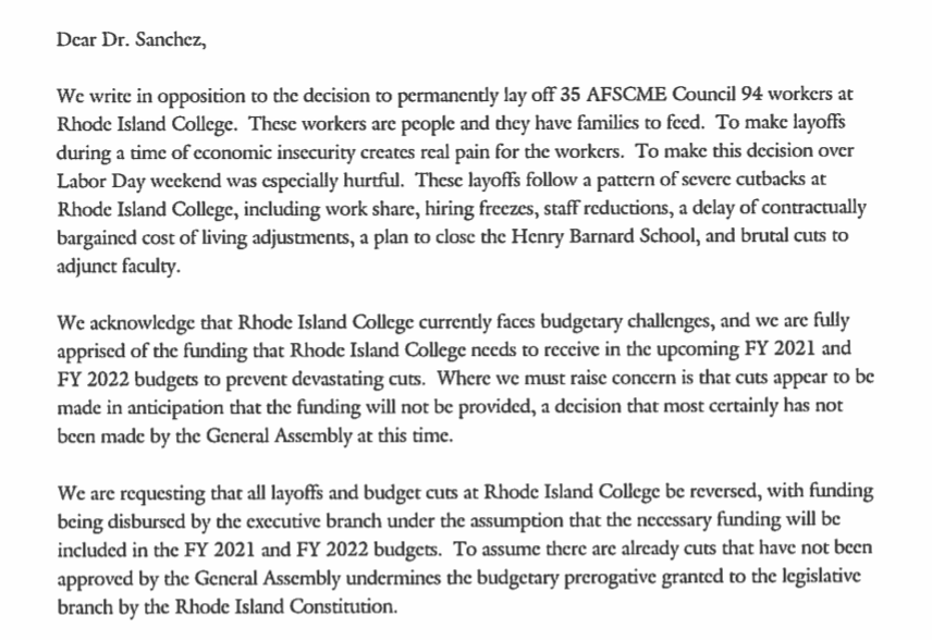 Senator Fran.k A. Ciccone, ill - District 7, Chair, Senat Letter signed by: Sens. Sam Bell, Frank Ciccone; Reps. Raymond Hull, Marcia Ranglin Vassell and House Democratic primary winner, David Morales.