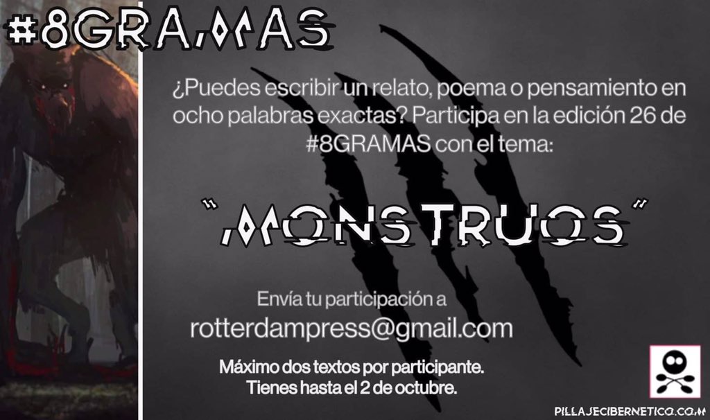 VonRotterdam's tweet photo. Ya está disponible la nueva convocatoria de #8GRAMAS, literatura en ocho palabras. El tema de esta edición es “monstruos”. Esperamos sus textos. https://t.co/XdjivB7m4v