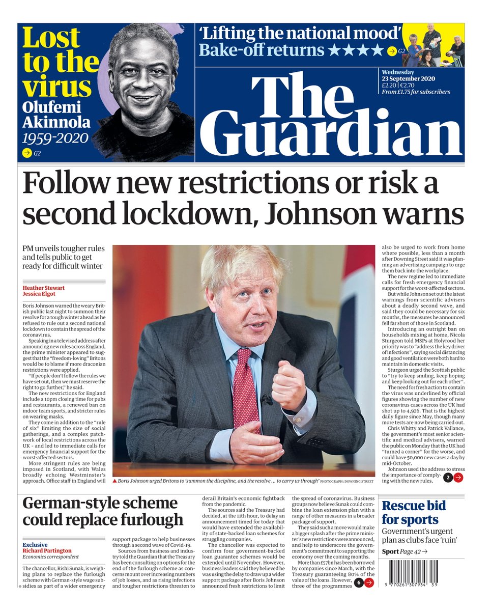 Boris Gives Uk Both Barrels How Uk Papers Covered Johnson S Covid Speech World News The Guardian