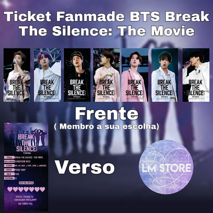 lovemyselfstore's tweet photo. 🌸 Ticket Fanmade BTS Break The Silence: The Movie 🌸
R$06,00 cada Ticket + Frete 
.
.
.
.
.
#BREAKTHESILENCE_THEMOVIE #BreakTheSilenceTheMovie #BTS #BTSARMY #ARMYS https://t.co/J0rHxHK8vH