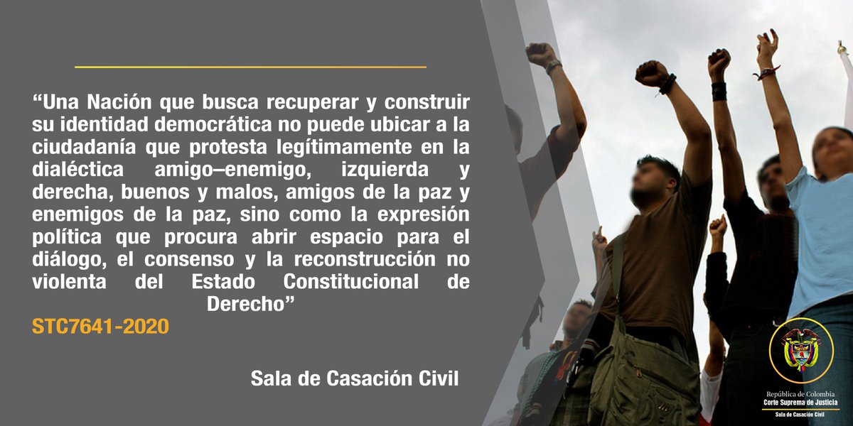 CorteSupremaJ's tweet photo. @CorteSupremaJ ordena a @infopresidencia reestructurar directrices sobre el uso de la fuerza frente a manifestaciones sociales no violentas. Tutela #derecho a protesta pacífica. Dispone convocar mesa de trabajo con ciudadanía, @PGN_COL y @DefensoriaCol 
➡️ https://t.co/rrJCTWAm3s https://t.co/6PoRD1H6MK