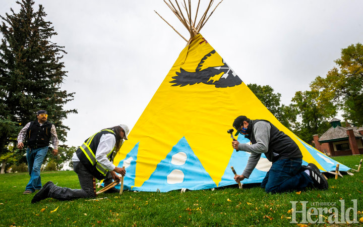 SAGE Clan gifted rights in Blackfoot teepee transfer ceremony this afternoon in Galt Gardens - teepee will remain in place for the duration of Reconciliation Week where it will be protected day and night by the community patrol group #yql #Lethbridge #reconciliation
