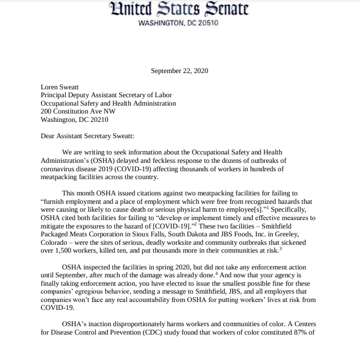 UFCW's tweet photo. NEW: @SenWarren @SenBooker condemn @WhiteHouse for failure to protect American workers in meatpacking plants on frontlines of #COVID19.

It's clear @OSHA_DOL is protecting corporate profits, not workers and the American public. Our families deserve better. https://t.co/Isry46Eson https://t.co/tkug0jXLNk