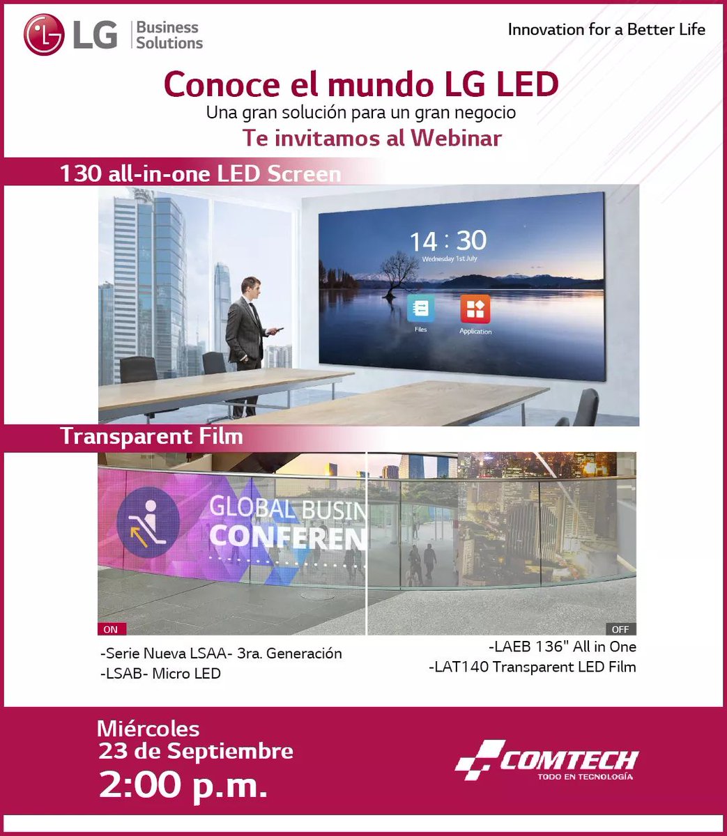 Comtech_NI's tweet photo. ¡No te lo pierdas! Vive la experiencia LG, con el webinar que tenemos preparado solo para ti
Inscríbete ahora: https://t.co/bcukuuWZEx

🗓️ 23/09/2020
⏰ 02:00 p.m.
WhatsApp 📱 https://t.co/uiz022omtV
#CompraSeguro #TecnologíaQueNosUne
#Comtech todo en tecnología Ver menos https://t.co/HlAXYMEL0r