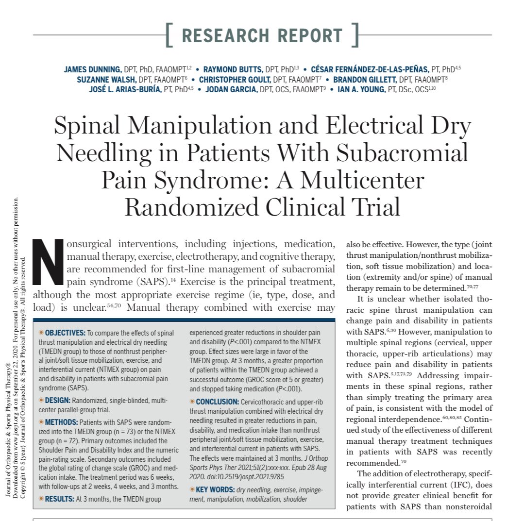 DrDunning's tweet image. JOSPT Ahead of Print: Spinal Manipulation &amp;amp; Electrical Dry Needling in Patients with Subacromial Pain Syndrome: a Multicenter Randomized Clinical Trial (2020)

A 3-year research project within the #AAMTFellowship in OMPT. Well done to all FITs &amp;amp; Fellows! 

jospt.org/doi/pdf/10.251…