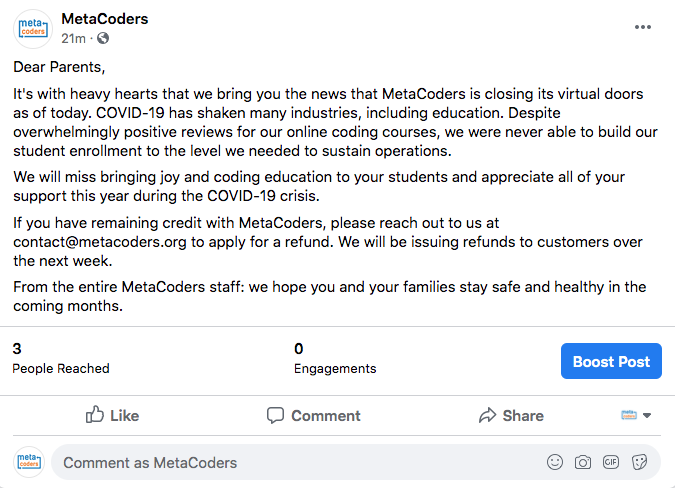 metacoders's tweet image. We're sad to announce we're closing MetaCoders. Learn more here: facebook.com/metacoders.org…