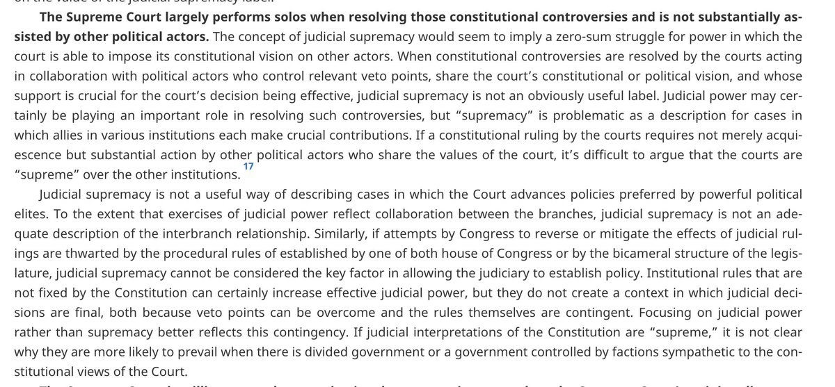 The Supreme Court cannot perform solos. It requires the assent or at least acquiesce of the political actors that have the guns and money, and every time it's tried to impose itself on a strong governing coalition it's had to back down.