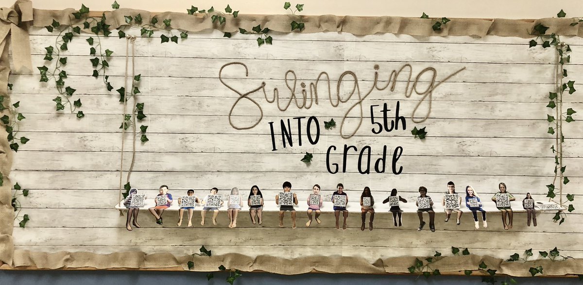 MissNiss13's tweet photo. Swinging into 5th grade! Students use a QR code to link to Google Drive to show off work they are proud of #bulletinboard #5thgrade #nbprep @NBPSLower https://t.co/LmzKsi1wXu
