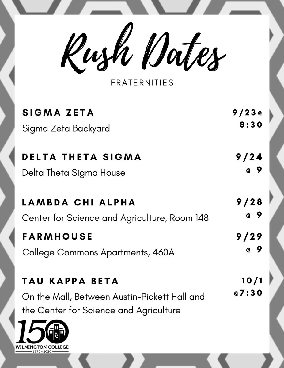 WCGreek's tweet photo. Greek Life rushes begin this week! See these two posters, one for fraternities and one for sororities, for information on the whereabouts!! We hope you are able to find your home away from home with one of our wonderful organizations! https://t.co/WrO1cI9IoH