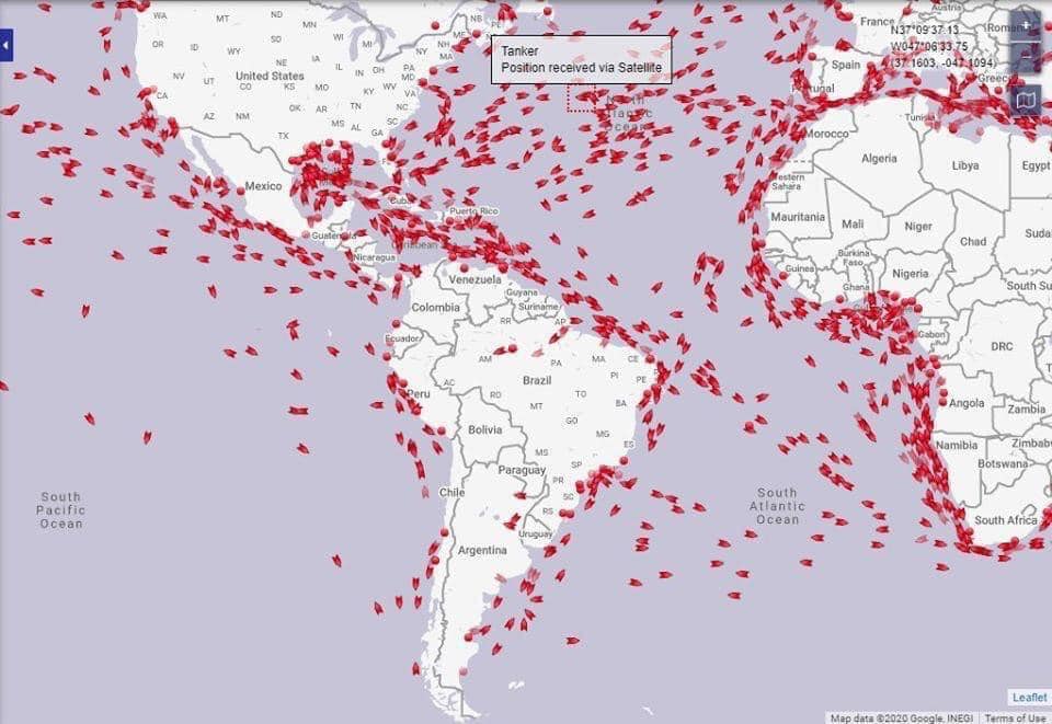 This map shows current position of oil tankers, mostly filled w oil. They're “stranded” around the world b/c no way to unload, b/c onshore warehouses are full, pipelines are full & w/o flow, due to low demand for oil. oil is now worth 0, keeping it stored $30,000 day per vessel.