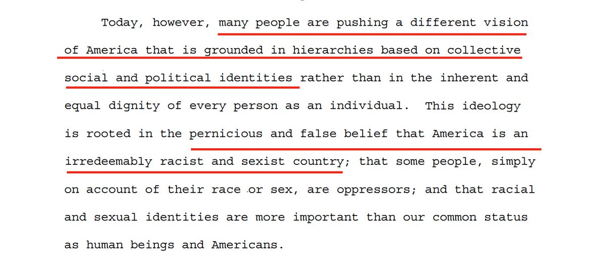 To begin, the president explains that our nation was founded on the ideal that "all mean are created equal" and denounces critical race theory's "pernicious and false belief that America is an irredeemably racist and sexist country."