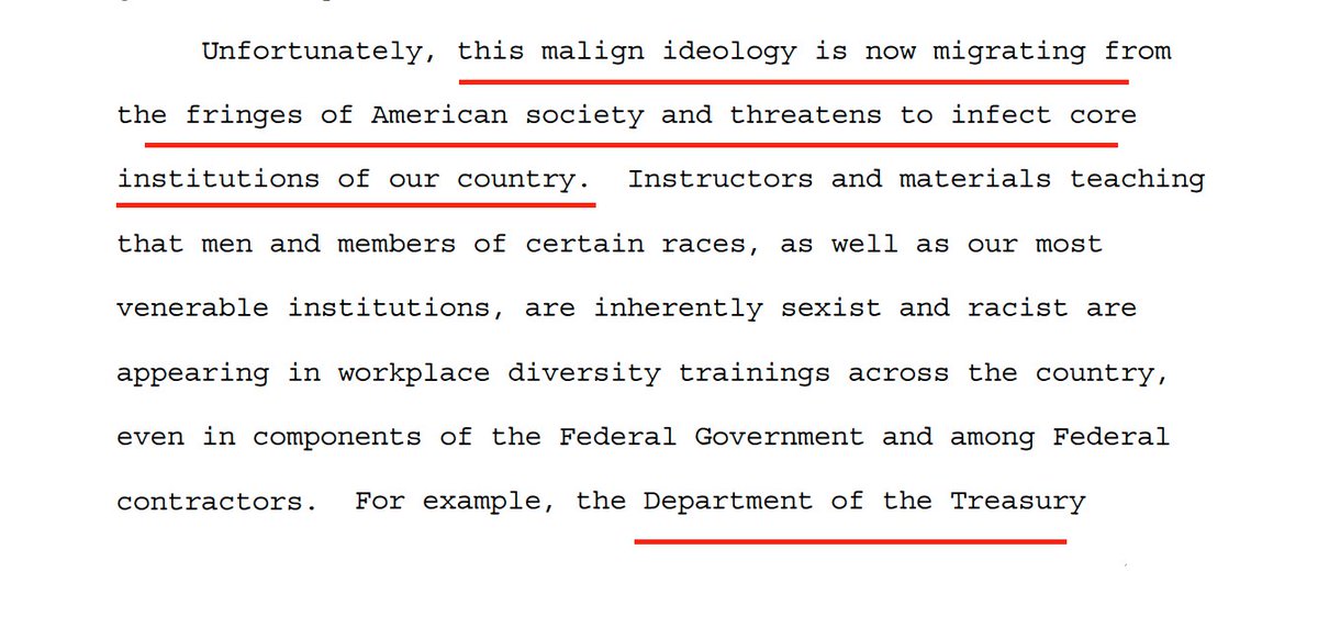 The President writes that the "malign ideology" of critical race theory "is now migrating from the fringes of American society and threatens to infect core institutions of country." He cites my original reporting on the Treasury Department, Argonne National Labs, and Sandia Labs.