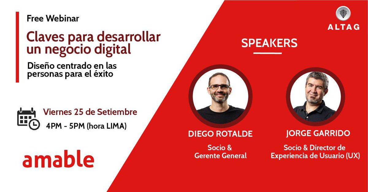 amable_'s tweet photo. Este viernes 25 de setiembre a las 4:00 pm, Diego Rotalde y Jorge Garrido, Socios &amp; UX Leads de amable Perú, realizarán el webinar "Claves para desarrollar un negocio digital" a través de ALTAG. 

Regístrate gratis: https://t.co/E8E5lWAG6U 

#AmableLatam #Webinar #ALTAG https://t.co/5eENvIwTvG