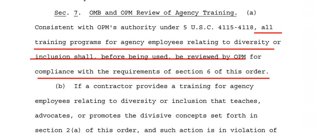 Finally, the executive order has a strong enforcement component: all federal diversity programs must be approved directly by OMB and OPM, and agencies are directed to initiate adverse action proceedings against managers who continue to hold CRT trainings.