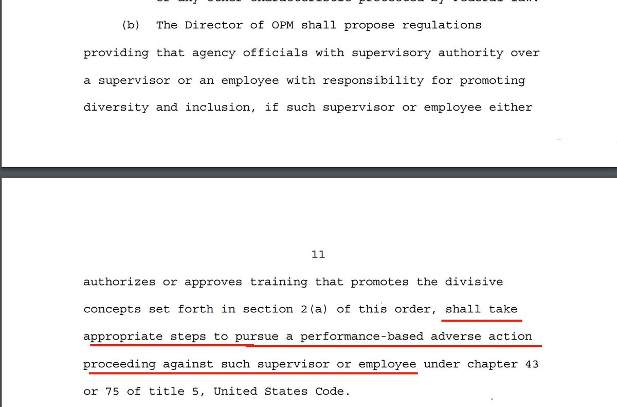 Finally, the executive order has a strong enforcement component: all federal diversity programs must be approved directly by OMB and OPM, and agencies are directed to initiate adverse action proceedings against managers who continue to hold CRT trainings.