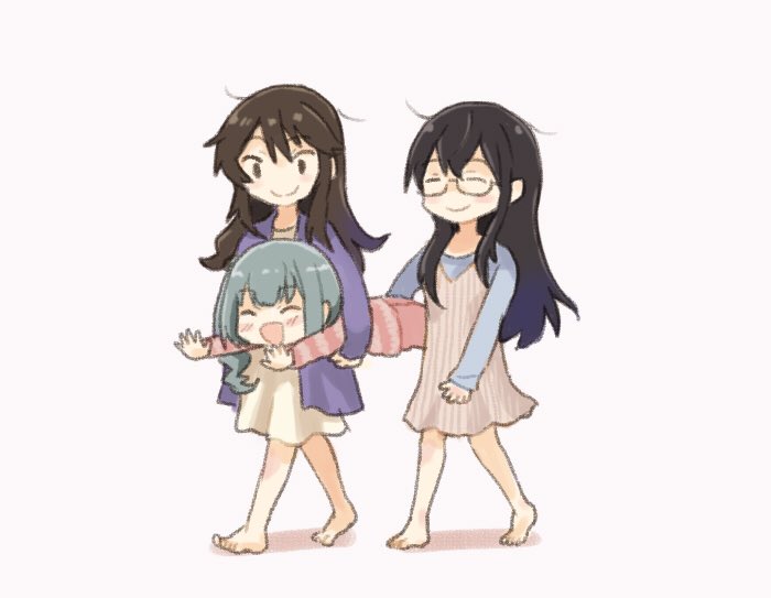 ashigara (kancolle) ,kasumi (kancolle) ,ooyodo (kancolle) 3girls multiple girls glasses black hair long hair smile closed eyes  illustration images