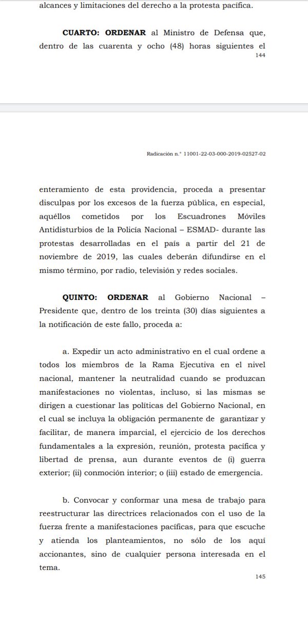 Importante sentencia de la <a href="/CorteSupremaJ/">Corte Suprema de Justicia</a> protegiendo la protesta social. Entre otras decisiones, se le ordena al ministro de defensa presentar disculpas por los excesos cometidos por la fuerza pública -en especial el ESMAD- en las protestas iniciadas el 21N de 2019.