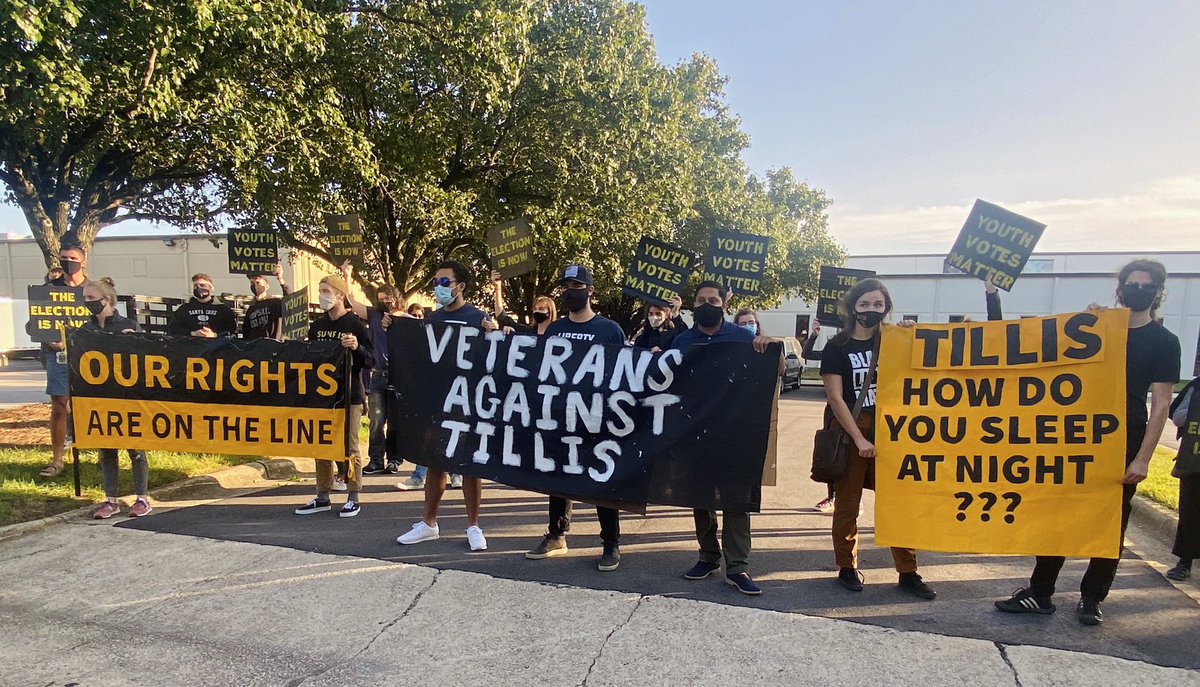 commondefense's tweet photo. The people united will never be divided! ✊🏼 
NC Veterans w/Common Defense &amp; youth organizers from @SunriseRaleigh are outside the #NCSenateDebate between @ThomTillis and @CalforNC to demand Tillis to delay a vote on a @Scotus nomination. https://t.co/yv1ghmIP8J
