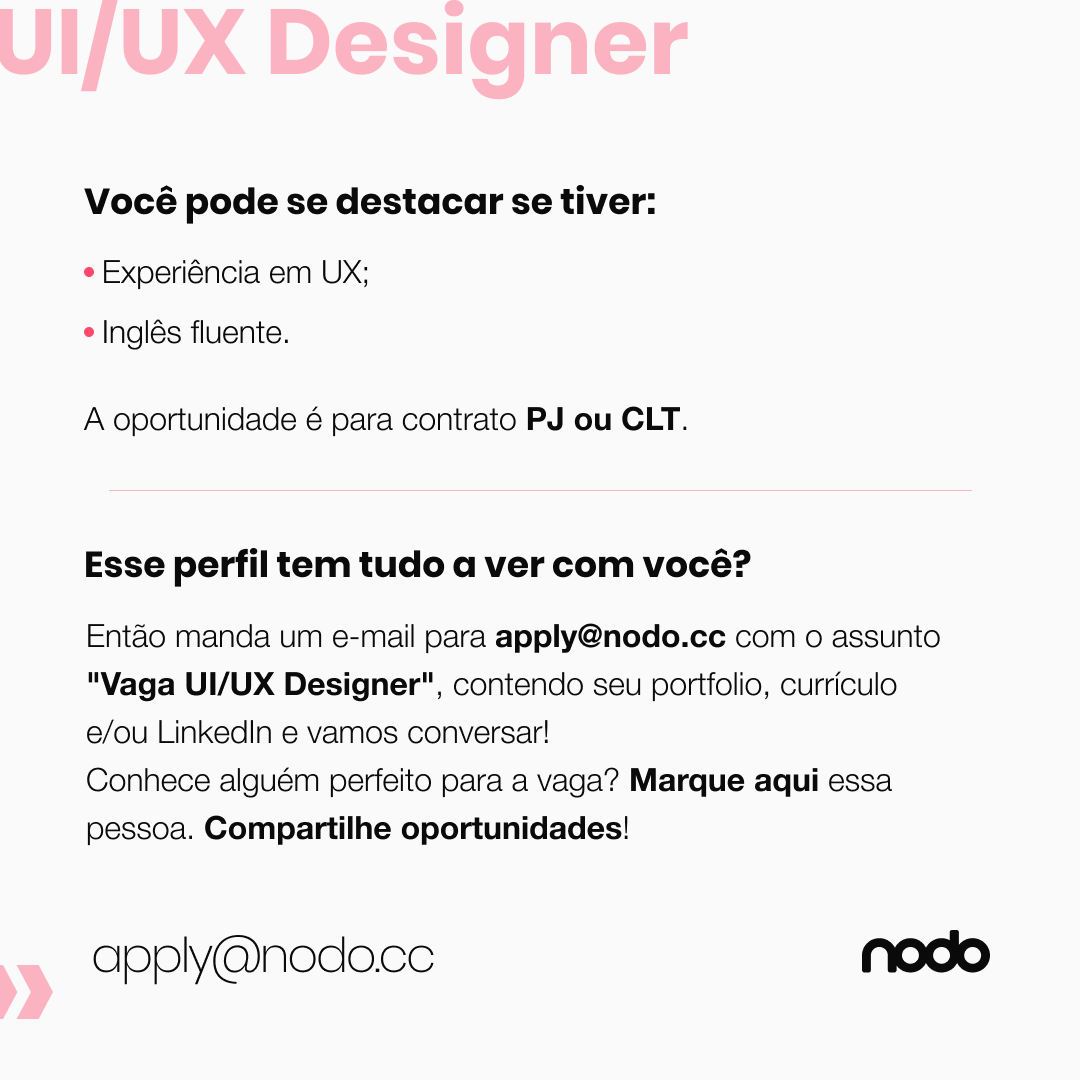 NodoDigitalBR's tweet photo. Ei, designer! Você é curioso, adora trabalhar em equipe e deseja evoluir junto a um time altamente qualificado e tecnológico? Então essa vaga é para você! 
E aí, se interessou? Confere a descrição completa nos links abaixo e entra em contato conosco! 👇 https://t.co/lvMSIN8I7l