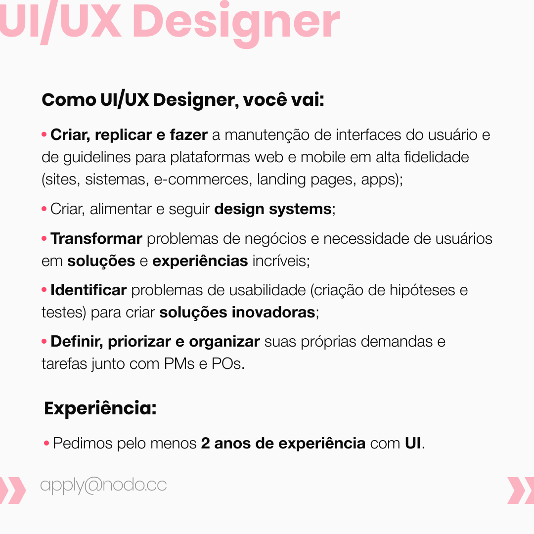 NodoDigitalBR's tweet photo. Ei, designer! Você é curioso, adora trabalhar em equipe e deseja evoluir junto a um time altamente qualificado e tecnológico? Então essa vaga é para você! 
E aí, se interessou? Confere a descrição completa nos links abaixo e entra em contato conosco! 👇 https://t.co/lvMSIN8I7l