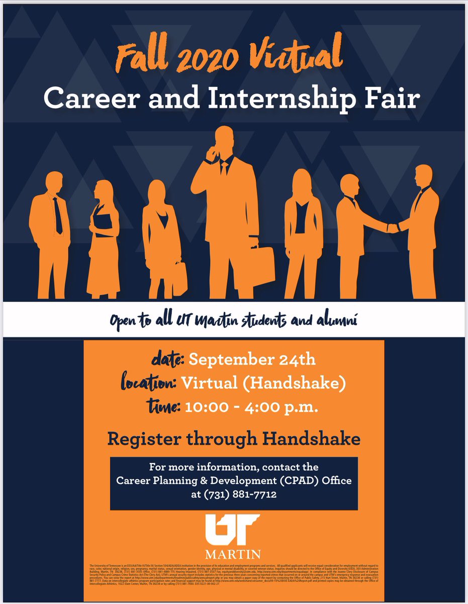UTMCareer's tweet photo. Click below to access all of the amazing organizations registered for the @utmartin Fall Virtual Career and Internship Fair! There is still time to register! Visit Handshake to claim your spot today! https://t.co/JevpZiqM1Z https://t.co/VG8jfiCHQF
