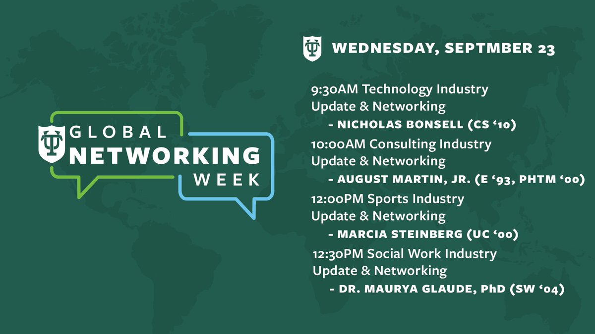 tulanealumni's tweet photo. Sharing A Wealth of Knowledge
We have a great lineup of industry-specific discussions for Global Networking Week. Download the Whova app, so you don't miss out on any conversation. Check out the link below for more info on our speakers.
#TUConnect
🔗: https://t.co/jRx9k0SKQd https://t.co/Wkwvjsdygr