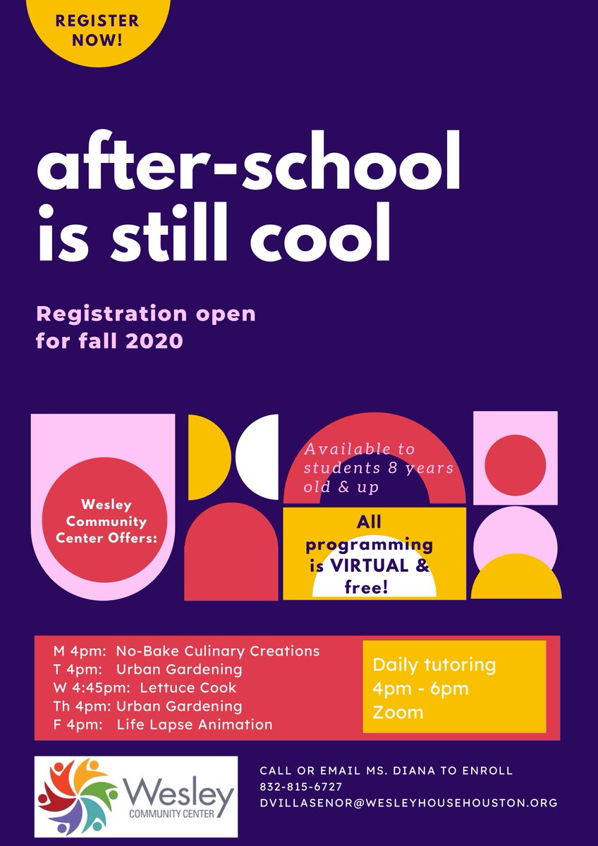 WesleyCCHouston's tweet image. REGISTER NOW! Registration is open for Wesley's fall 2020 after-school program. Call or email Ms. Diana to enroll 832-815-6727 DVILLASENOR@WESLEYHOUSEHOUSTON.ORG. All programming is VIRTUAL &amp;amp; free! #WesleyEmpowers #children #afterschool
