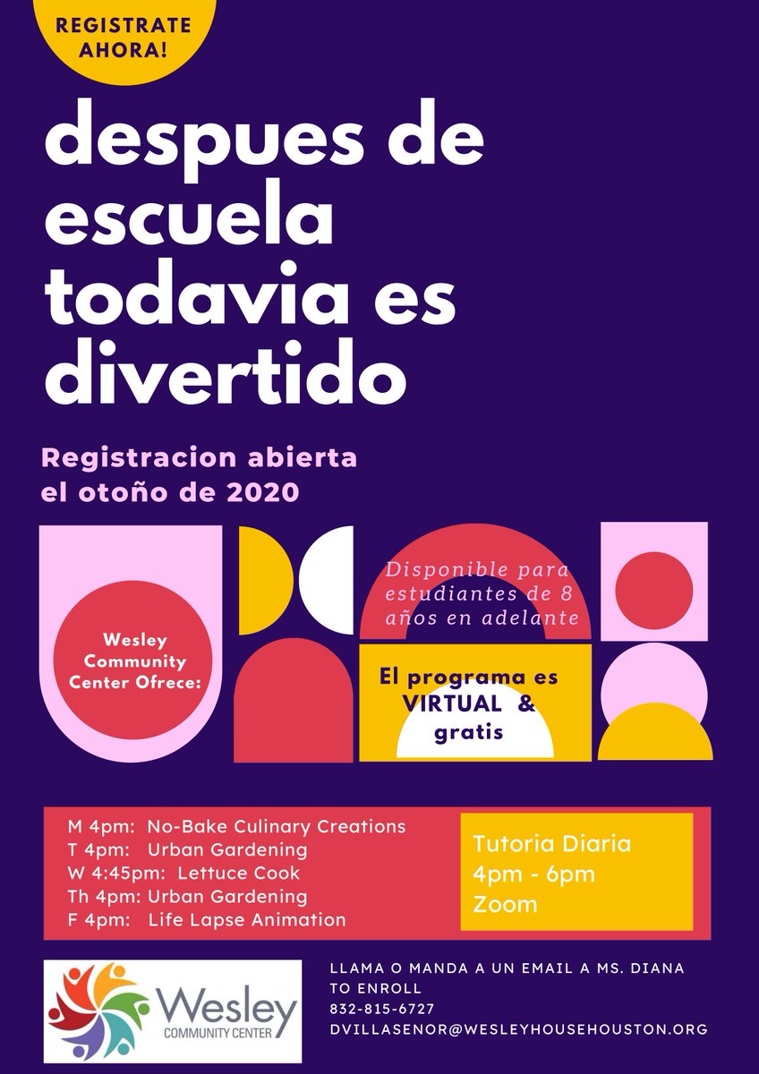 WesleyCCHouston's tweet image. REGISTER NOW! Registration is open for Wesley's fall 2020 after-school program. Call or email Ms. Diana to enroll 832-815-6727 DVILLASENOR@WESLEYHOUSEHOUSTON.ORG. All programming is VIRTUAL &amp;amp; free! #WesleyEmpowers #children #afterschool