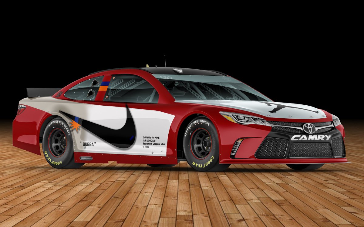 bradyklain's tweet image. With the Bubba/MJ/Denny news yesterday, I took it upon myself to mockup some of the most iconic @Jumpman23 shoes as a @NASCAR. 

Jordan 1 Retro High Off-White Red and Blue and the Jordan 3 Retro White Cement. 

@BubbaWallace