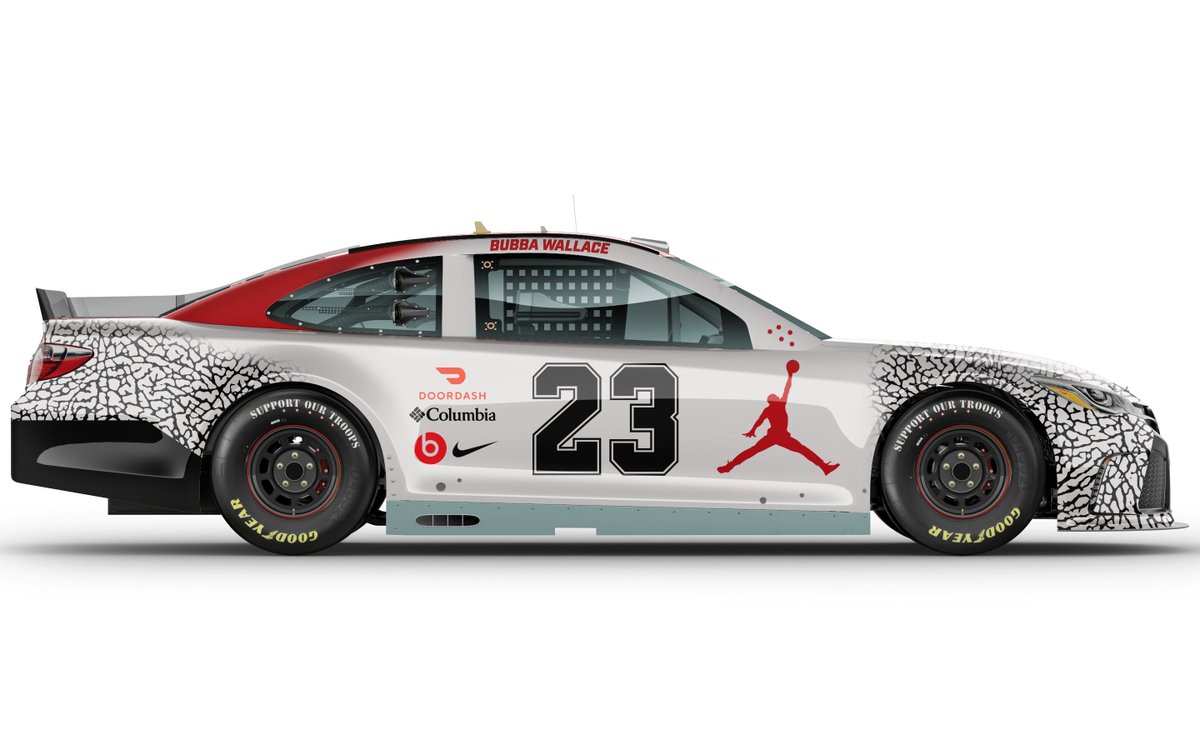 bradyklain's tweet image. With the Bubba/MJ/Denny news yesterday, I took it upon myself to mockup some of the most iconic @Jumpman23 shoes as a @NASCAR. 

Jordan 1 Retro High Off-White Red and Blue and the Jordan 3 Retro White Cement. 

@BubbaWallace