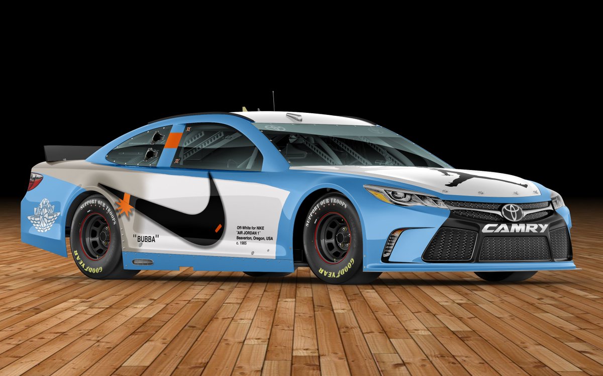 bradyklain's tweet image. With the Bubba/MJ/Denny news yesterday, I took it upon myself to mockup some of the most iconic @Jumpman23 shoes as a @NASCAR. 

Jordan 1 Retro High Off-White Red and Blue and the Jordan 3 Retro White Cement. 

@BubbaWallace
