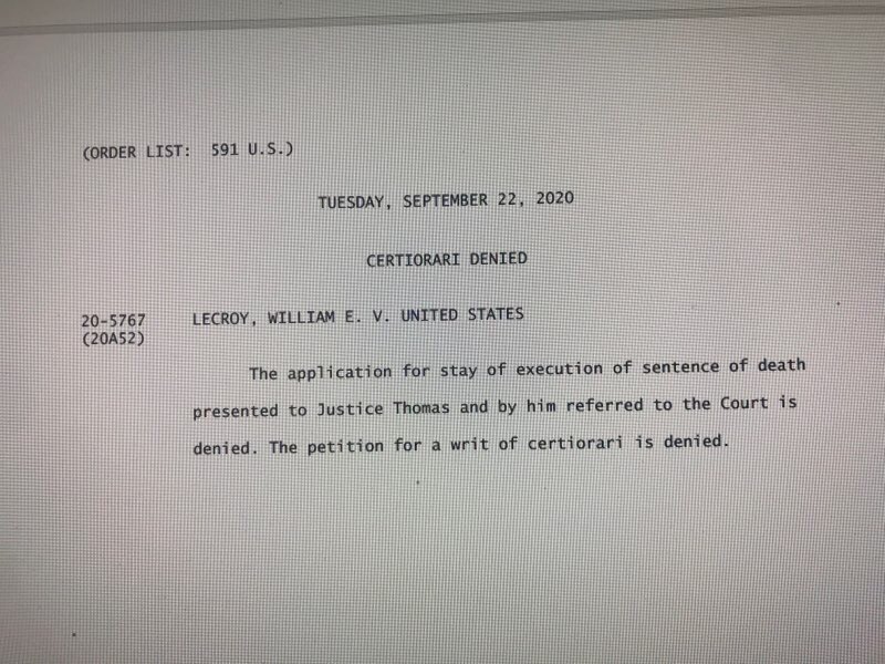 #SCOTUS denied William LeCroy’s death sentence appeal moments ago.  He should be transported from his cell to the death house soon for his execution by lethal injection at USP Terre Haute. ⁦<a href="/wtiu/">WTIU Public TV</a>⁩ ⁦@WFIUNews⁩ ⁦<a href="/georgehale/">George Hale</a>⁩