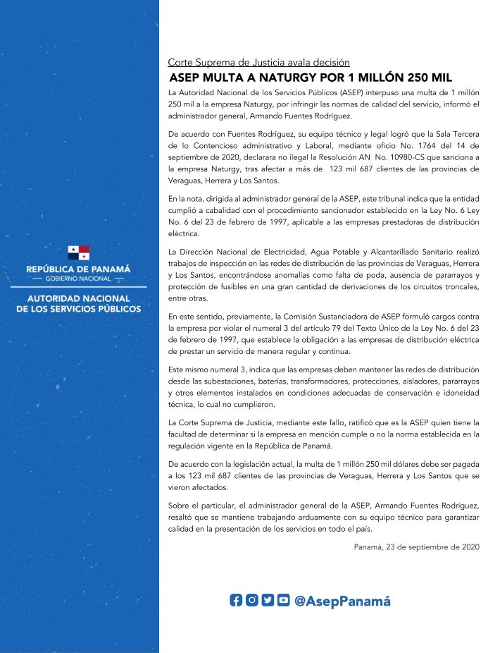 #ÚltimoMinuto ⛔ | ASEP multa a NATURGY por 1 millón 250 mil💡💡

|Entérese| En esta nota 🔽🔽🔽