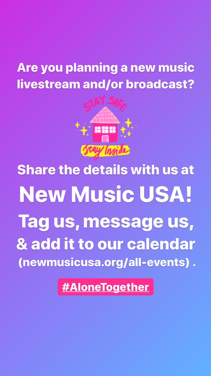NewMusicUSA's tweet photo. Are you planning a new music #livestream and/or #broadcast? We want to know about it and share the details. You can tag us, DM us, and add it to our Facebook events.

#AloneTogether #MusicInIsolation #StayHome https://t.co/3tG9Yh9dHN