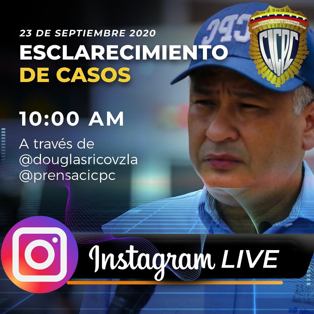 No dejes de sintonizar mañana 23 de septiembre a las 10:00 am las cuentas @douglasricovzla @prensacicpc en la que el director del Cicpc C/G Douglas Rico ofrecerá detalles de casos de connotación   esclarecidos