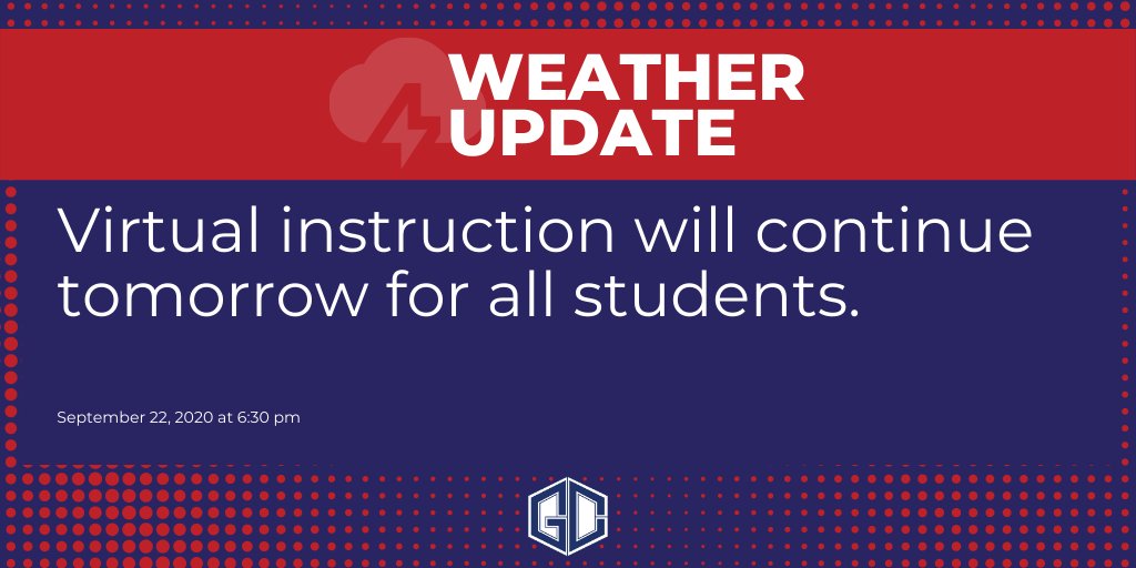 In an abundance of caution due to the prediction of heavy rainfall and possible flooding from Tropical Storm Beta, GCCISD will continue with virtual learning tomorrow for all students, and staff will work virtually from home. 

Thank you for your patience and understanding.