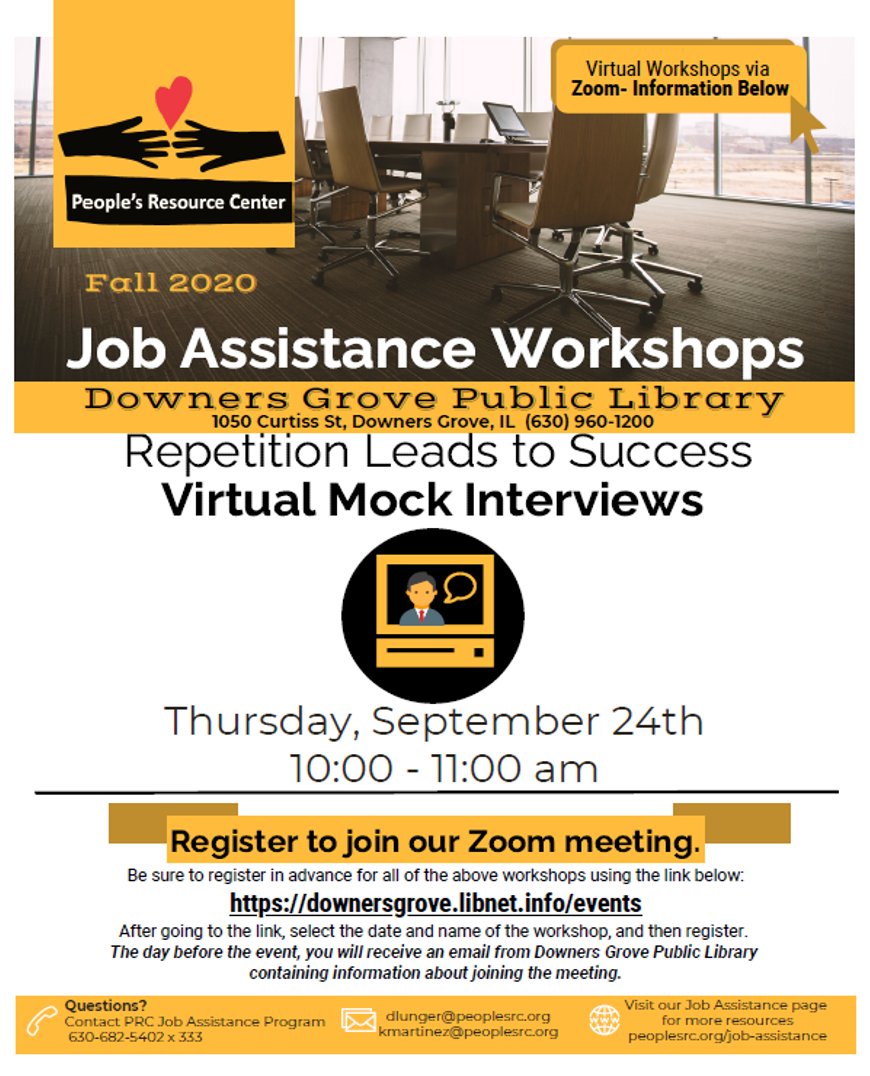 PRC's Job Assistance Program has exciting virtual workshops every month via Zoom that will help you prepare to find the job you desire.

This Thursday, you can practice your virtual interviewing skills with <a href="/DGLibrary/">DeepGraphLibrary</a>! 

#JobPrep #Chicago #NeighborToNeighbor